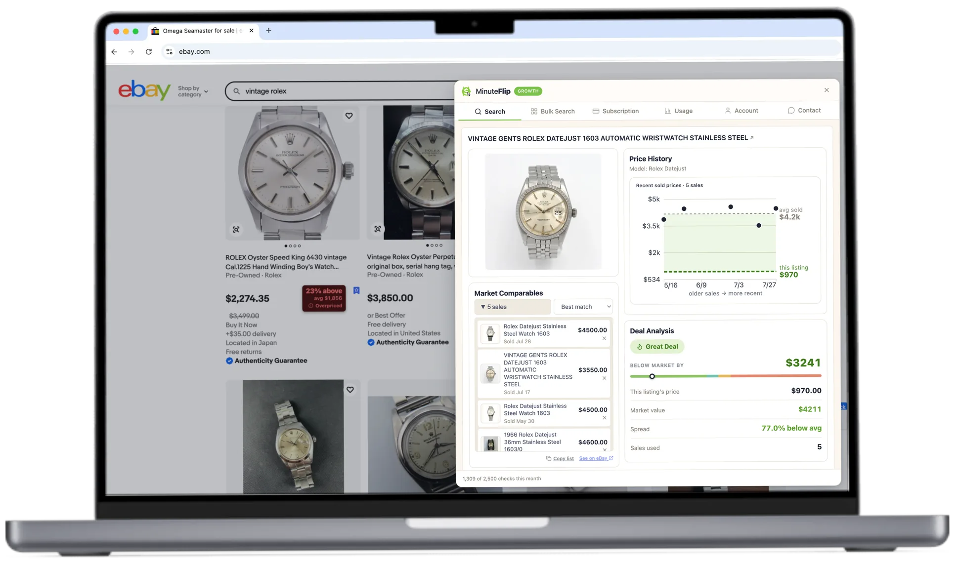 MinuteFlip showing what the same watch actually sold for, with chart and comps