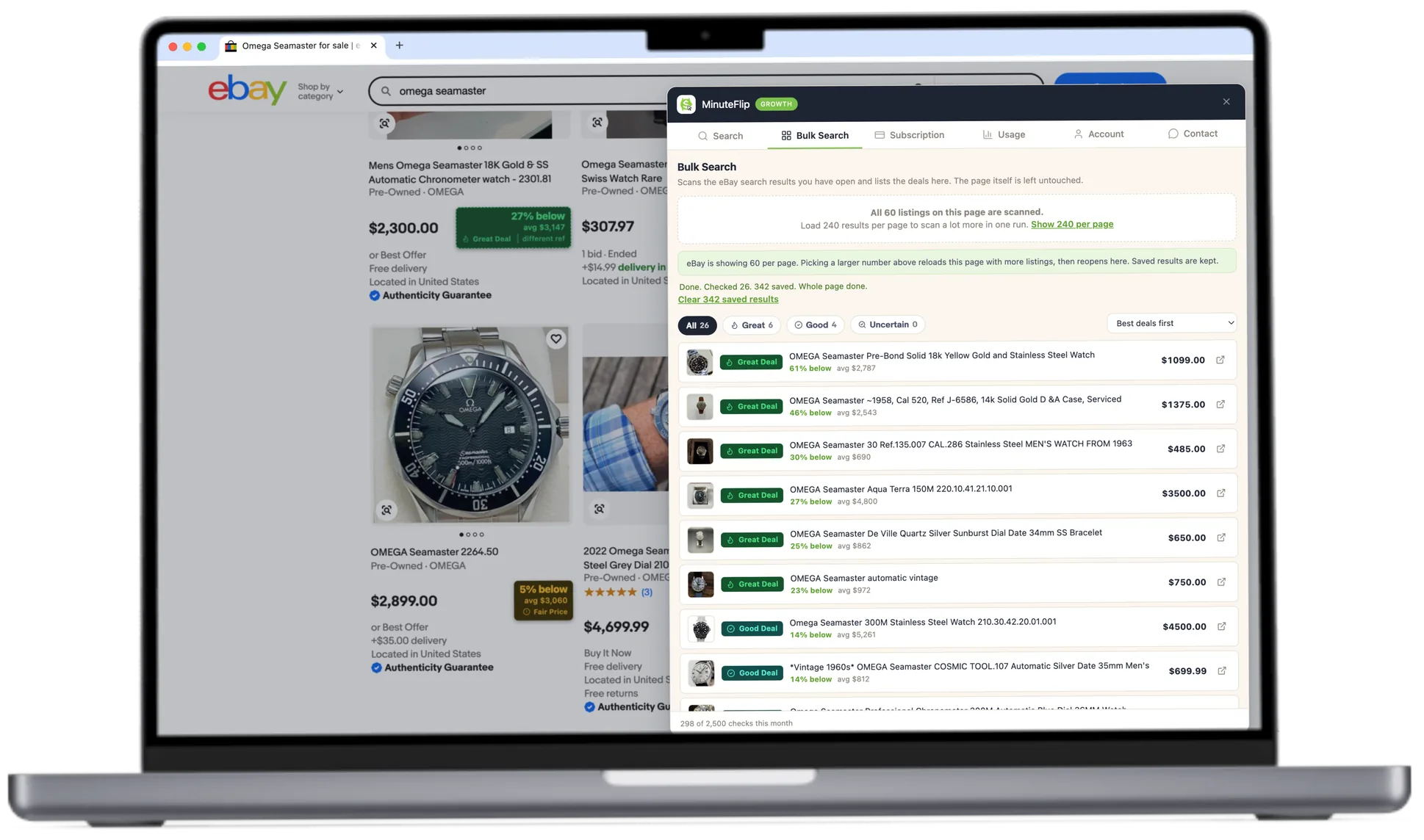 MinuteFlip bulk search ranked list of best eBay watch deals